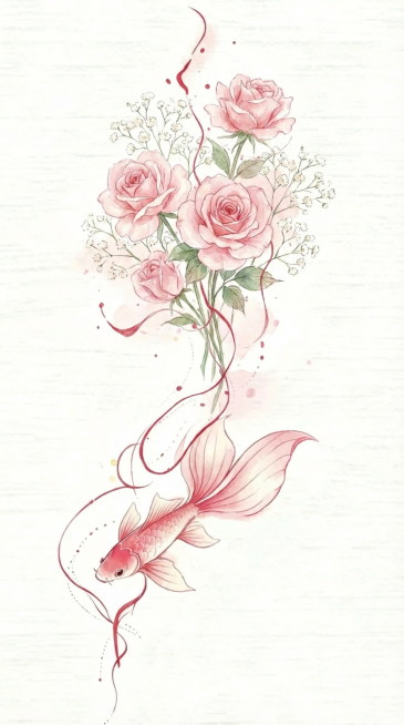 生成一张和参考图类似风格的竖向纹身图案：水彩清新粉色调，上半部分为主花束（改为粉玫瑰+满天星，替换原郁金香铃兰），下半部分为一条粉色锦鲤，用红色飘逸线条串联，整体保持通透水彩质感，保留纯白色底，竖向9预览效果