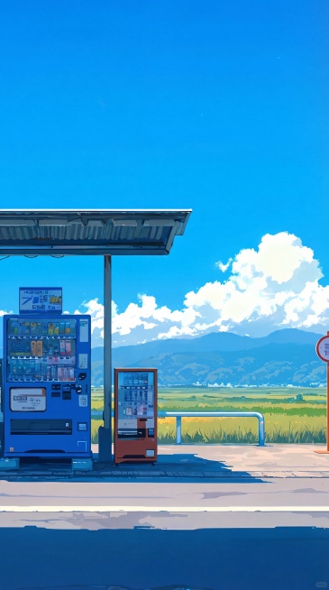 将图片转化为清晰的4K矢量图，保留原画面的自动售卖机风景、日式动漫风格，优化线条和色块使其具备矢量图特征预览效果