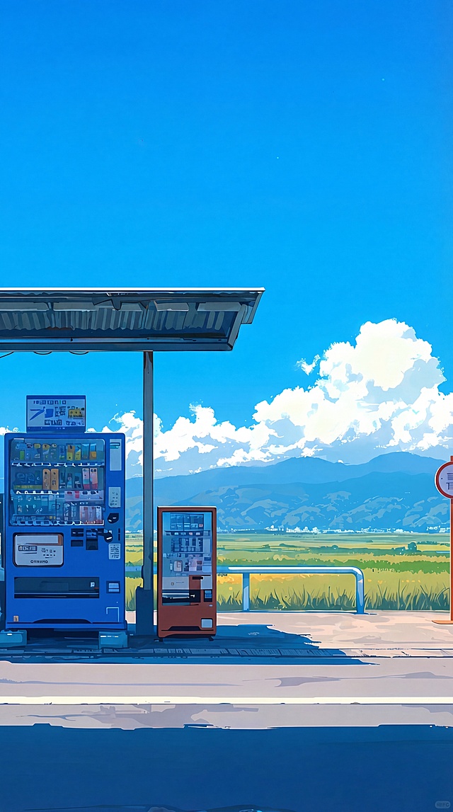 将图片转化为清晰的4K矢量图，保留原画面的自动售卖机风景、日式动漫风格，优化线条和色块使其具备矢量图特征