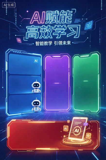 去掉图片左上角的AI生成字样，去掉图片中间三个框里面的文字，去掉底部红色框里面的所有文字，保持原有背景底色和整体科技风霓虹灯设计风格不变，保留顶部的标题文字，保留两个机器人和右侧手机等装饰元素预览效果