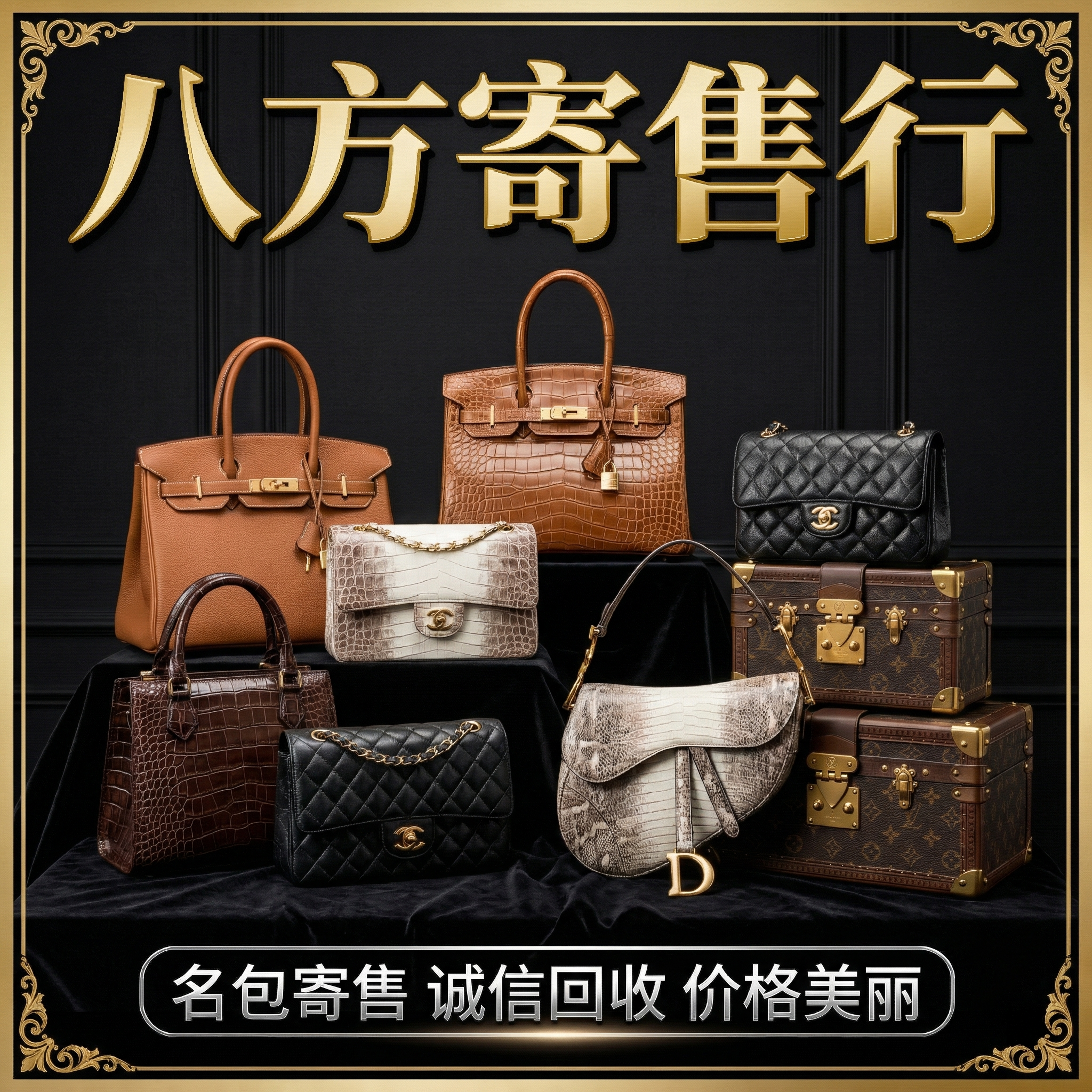 参考上传图片的风格，黑色背景金色边框，大字标题“八方寄售行”，… - 图片创意预览