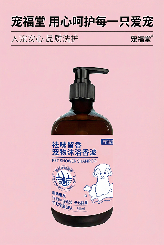 2:3 竖屏，严格还原上传的产品图，包括包装设计、颜色、LOGO位置、文字内容、图案元素等所有细节，去掉无关的背景杂物或者手，产品尺寸比例保持1:1。整体采用品牌调性风，主色调为柔粉色，背景为浅粉色纯色，产品图放置在画面中间位置，主标题"宠福堂 用心呵护每一只爱宠"左对齐，使用加粗无衬线黑体，副标题"人宠安心 品质洗护"左对齐，使用细体无衬线字体，搭配品牌LOGO，画面干净高级，信息层级分明，高清 8K分辨率，整体视觉统一无割裂感。不要杂乱元素，不要产品变形，不要出现手，不要低清画质，不要画面割裂感，不要错误配色，不要字体混乱，不要无关元素。