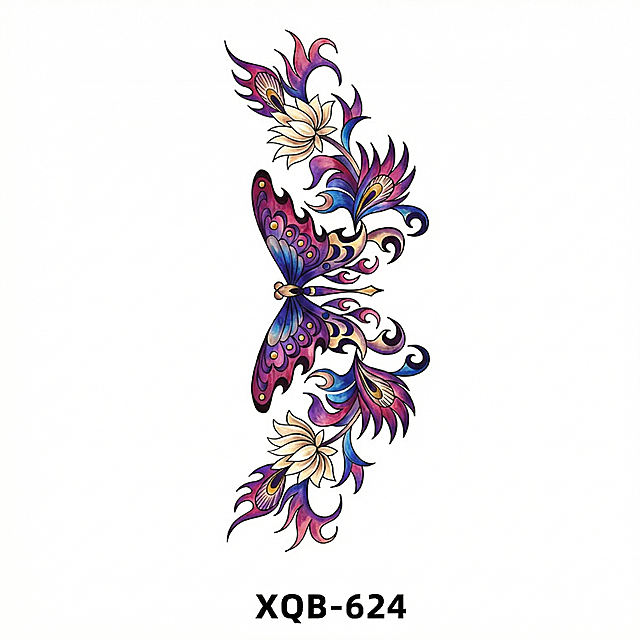 第三次重新生成：严格参考原图竖向对称装饰结构，生成彩色蝴蝶纹身图案，蝴蝶翅膀整体保持原图的鸢尾花卷草造型，改用紫红色+宝蓝+香槟金渐变配色，花蕊为米白，圆形装饰点为金色，保持清晰流畅线条；纯白色背景，整体为绚丽写实水彩纹身风格，色彩鲜亮，层次分明
