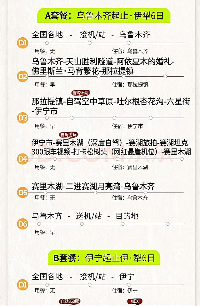 按照要求修改图片中的行程安排：将原图D2、D3、D4、D5的行程内容更换为新内容：D2乌鲁木齐-天山胜利隧道-阿依夏木的婚礼-佛里斯兰·马背繁花-那拉提镇，D3那拉提镇-自驾空中草原-吐尔根杏花沟-六星街-伊宁市，D4伊宁市-赛里木湖（深度自驾）-赛湖旅拍-赛湖坦克300跟车视频-打卡松树头（网红悬崖机位）-赛里木湖，D5赛里木湖-二进赛湖月亮湾-乌鲁木齐，保持原图片的整体风格、字体、排版和其他文字内容不变