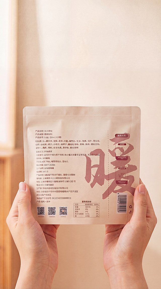修正产品包装袋上的所有文字信息，按照参考图准确生成，保证文字全部正确无错别字：产品名称为木兰暖饮，产品类型植物饮料，产品规格1.05L (50mL×21袋)，配料表为水、西洋参、黄芪、茯苓、红枣、酸枣仁、生姜、饴糖、玉竹、蒲公英、山药、山茱萸、佛手、赤小豆、枸杞子、重瓣红玫瑰、紫苏、黄精、铁皮石斛、益智仁、粳米、藕粉、香辛料类、魔芋粉、抗性糊精，食用方法开袋即饮，注意事项西洋参不宜与藜芦同食;有少量沉淀属于正常现象,如发现有胀袋或破损,请勿饮用，不适宜人群孕妇、哺乳期妇女、婴幼儿，执行标准GB/T 31326，生产日期见包装喷码，保质期12个月，贮存条件密封置于阴凉干燥处,避免阳光直射，委托商上海苏香木兰健康科技有限公司，地址上海市闵行区七莘路1839号1305(北)室，电话021-51879660，生产商湖北麦克森生物技术有限公司，地址湖北省咸宁市咸宁国家高新技术产业开发区咸嘉临港产业园区，食品生产许可证号SC12742120000012，产地湖北·咸宁，保留所有文字信息和布局，印刷清晰完整无错字，保留手部和整体画面风格不变，整体暖色调，柔和自然的居家暖光，背景保持虚化的浅米色原木风居家环境，浅景深虚化，8K超高清，光影细腻