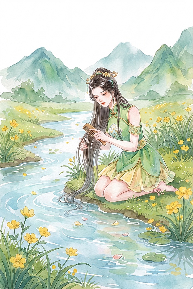参考参考图片的人物，保持人物服装、发饰不改变，生成一个新的水彩国风插画，神女跪坐于清溪畔，长发垂入溪水中，手持木梳梳理湿发，溪水清澈，岸边生长瑶草与黄花，水面漂浮花瓣，远处是青山，整体清新灵动，色彩以水蓝、浅绿、暖黄为主，通透水彩质感，PNG透明底，高分辨率