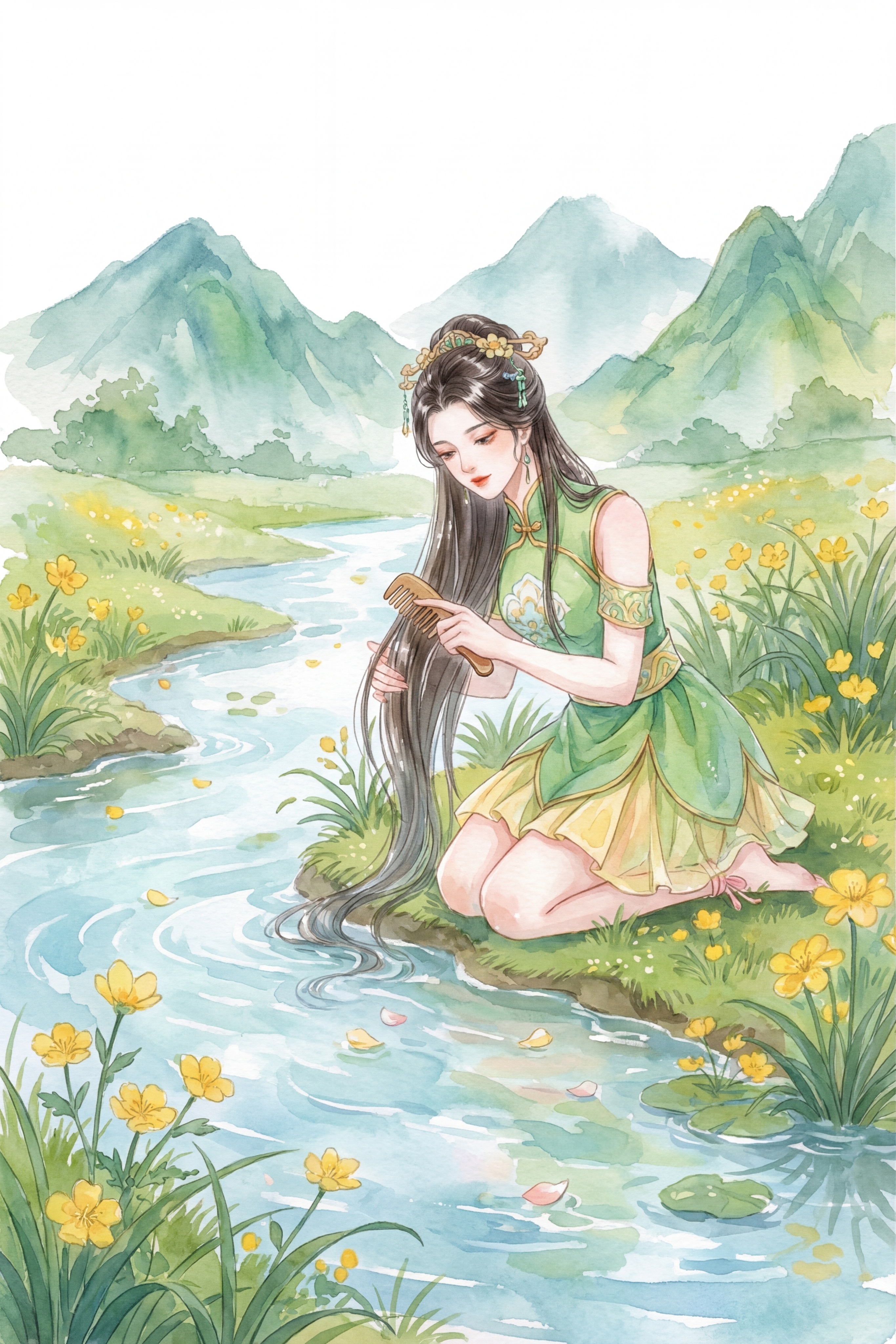 参考参考图片的人物，保持人物服装、发饰不改变，生成一个新的水彩… - 图片创意预览