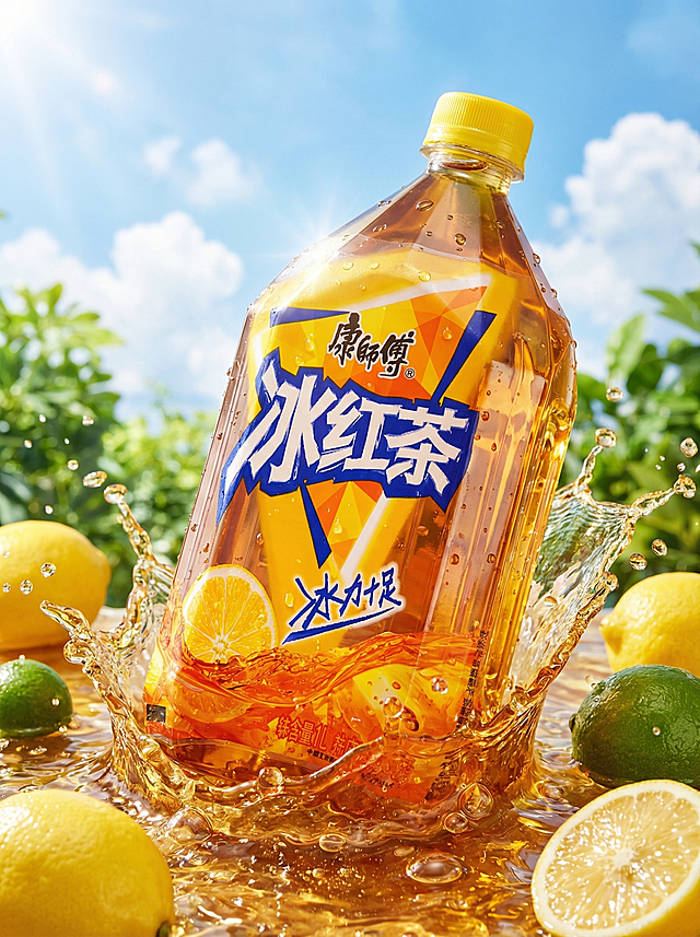 康师傅冰红茶瓶装饮料，保持瓶身物理结构、品牌Logo和文字原样绝对不变，严禁包装扭曲。倾斜放置，瓶身下半部分浸泡在茶色茶汤液体中，瓶体表面布满冷凝水珠，液体溅起自然水花和气泡，营造掉落液体中的动态感。周围散落完整黄柠檬和切片黄柠檬、青柠。背景是蓝天白云和绿叶，自然户外场景。高对比度光影，强化瓶身立体感，茶汤通透，水花细节清晰，有真实物理折射，瓶身有高光，瓶体内部被阳光照射出透光感，饮料内液体晶莹剔透，饮料瓶边缘被阳光照的发亮。商业摄影风格，营造夏天晴天清爽健康感，高亮度，色调清新。严格锁定宽高比为 3:4