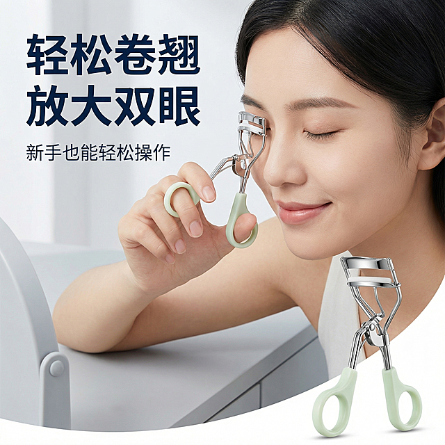[主图 3] 睫毛夹使用效果展示
[氛围风格] 自然真实美妆场景风
[画面元素] 商业摄影质感，光线柔和通透，产品清晰真实，画面干净高级。近距离特写：一位亚洲年轻女性模特闭眼微笑，正在使用这款浅绿色睫毛夹夹睫毛，展示使用瞬间状态，产品放在画面右下侧清晰展示，背景是干净的浅灰色化妆台。保持产品外观和原图一致，去除所有AI生成文字标识。
[配色色系] 主色调：柔和浅灰，辅助色：浅绿色、肤色
[视角构图] 平视特写，景深适中，主体突出
[文字版式] 左上角用大号加粗深蓝色字体写标题「轻松卷翘 放大双眼」，副标题小字号「新手也能轻松操作」，文字不遮挡产品和模特面部，清晰易读。
[比例分辨率] 1:1比例，4K分辨率，文字清晰可辨，超高清，输出格式JPG
[负向提示词]变形，水印，文字错乱，产品图模糊，背景杂乱，AI文字标识，夸张对比