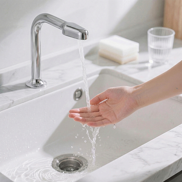 去除水龙头侧边龙头上面的黑色区域，修复成和龙头一致的金属银色，保持整体产品风格自然，和原图其他部分衔接自然