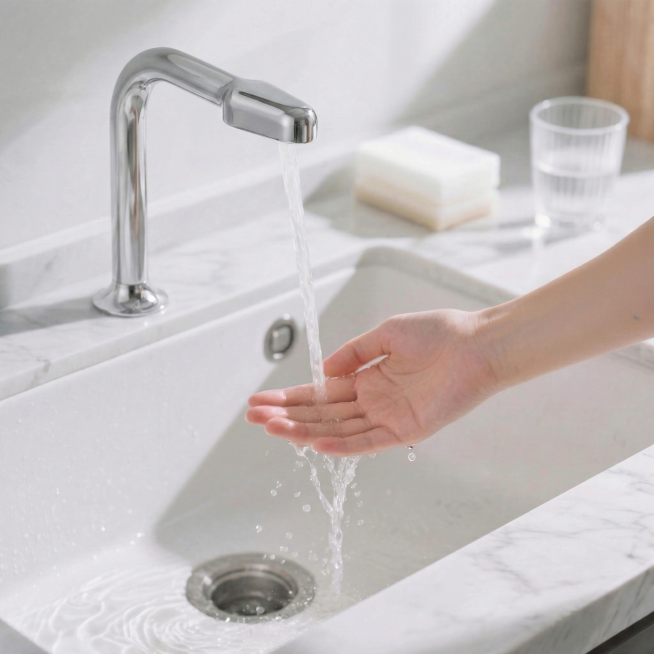 去除水龙头侧边龙头上面的黑色区域，修复成和龙头一致的金属银色，保持整体产品风格自然，和原图其他部分衔接自然预览效果