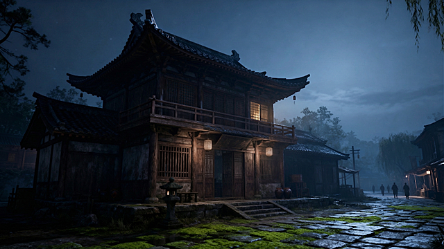 去掉建筑右侧的酒旗招牌，将门口两个灯笼的光线调得渐弱，为二楼其中一个窗户添加微弱的室内灯光，其余房间保持无光源，保持画面整体画质不降低，保留原图片的构图和其他元素