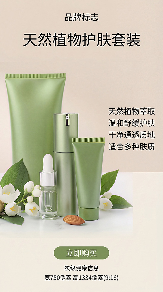 淘宝电商产品详情页首屏设计图，宽750像素，风格清新自然风，主体是绿色系天然护肤套装产品展示，包含洁面乳、按压瓶、滴管精华、眼霜全部单品，清晰呈现哑光磨砂和玻璃质感。左侧产品展示搭配杏仁茉莉花点缀，右侧预留核心卖点文字区域，卖点文案："天然植物萃取，温和舒缓护肤，干净通透质地，适合多种肤质"。整体色调浅米色，背景干净柔和，光线自然漫射，构图清晰，符合淘宝手机端详情页首屏版式，宽高比 9:16，主体突出，信息层级分明，适合手机端浏览。