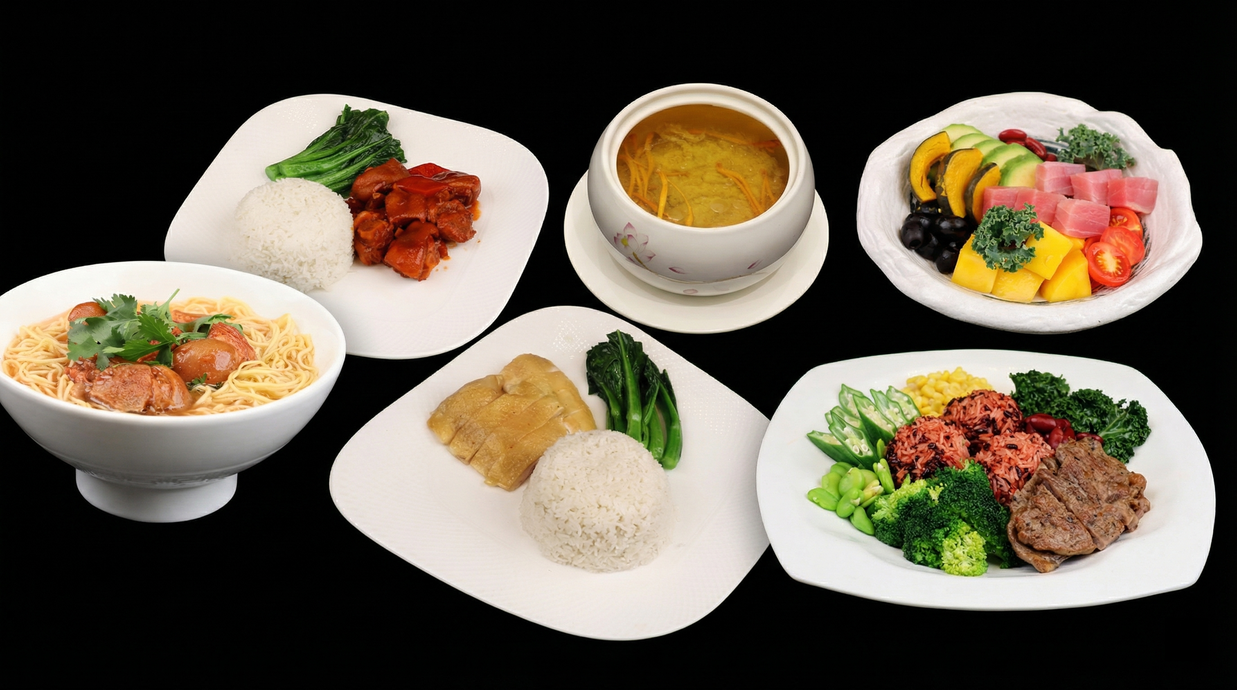 将上传的多种美食菜品（包括牛腩面、猪手饭、叉烧饭、虫草花汤、白… - 图片创意预览