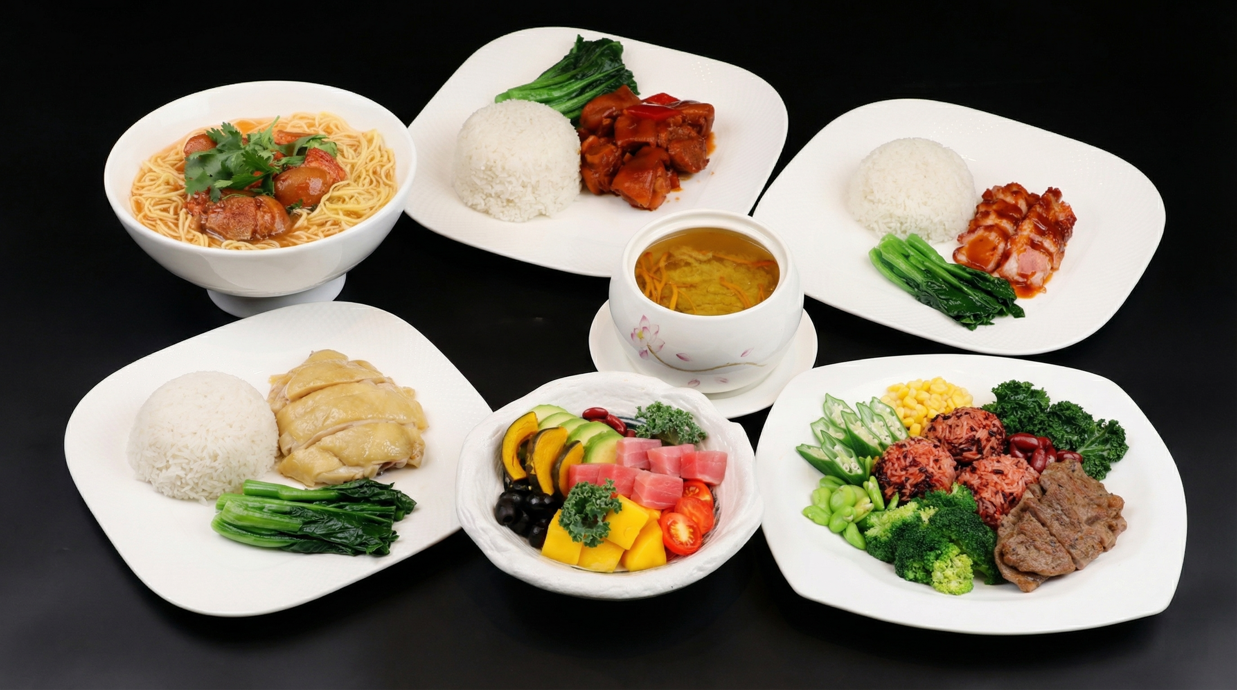 将上传的多种美食菜品（包括牛腩面、猪手饭、叉烧饭、虫草花汤、白… - 图片创意预览