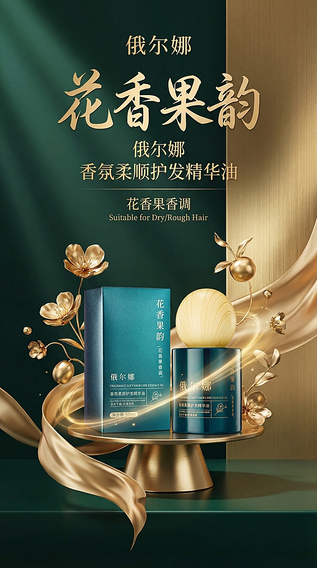 制作一款香氛柔顺护发精华油的海报，包含图中的俄尔娜品牌产品，整体风格高端典雅，墨绿色和金色配色，尺寸高160厘米宽57厘米，竖版构图，适合线下展示使用