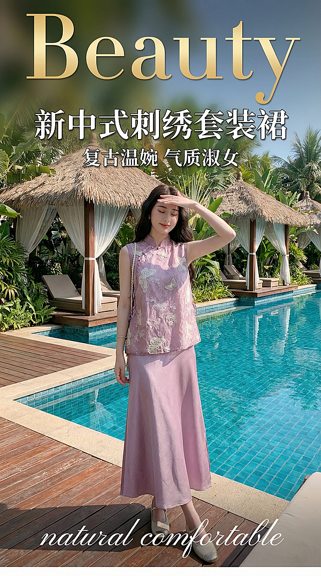 参考图二的样式，生成一张紫色新中式套装裙的女装详情图，保留原图人物和服装，更换背景为度假风泳池茅草屋场景，添加文字排版，顶部大字"Beauty"，标注"新中式刺绣套装裙"和"复古温婉 气质淑女"，底部标注"natural  comfortable"，整体风格和图二一致