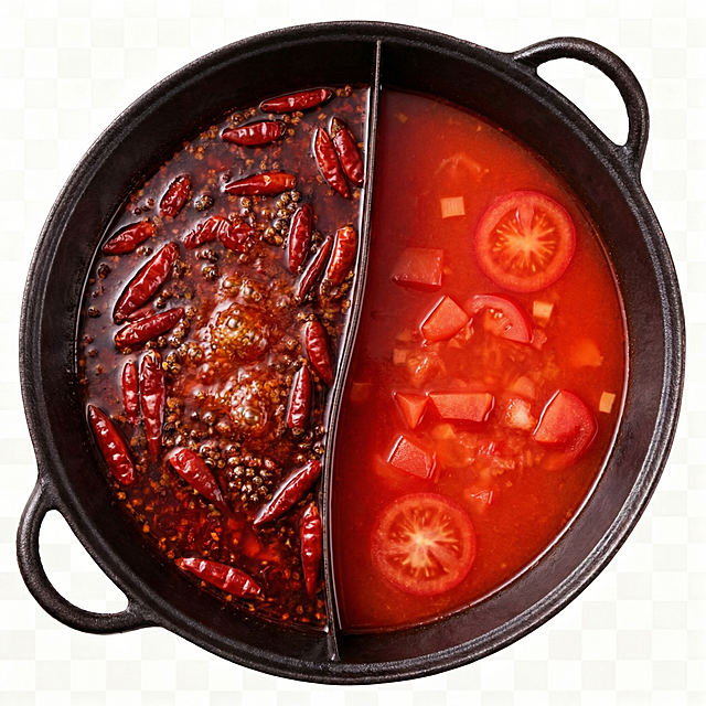 补齐黑色鸳鸯锅的锅边缘，生成完整的一整张锅，保持现有的锅底内容不变，保持透明背景，俯视角度