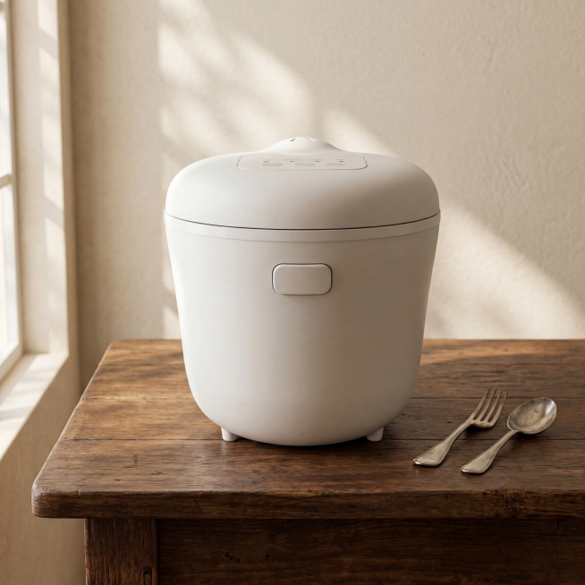 原图产品是哑光白色圆润电饭煲，保持物理结构绝对不变，按键接口严禁扭曲变形。
居中构图，主体占画面70%，平稳放置在支撑桌面上，拒绝比例失调。
深棕色做旧实木桌面，复古浅米色墙面背景，拉开景深，产品旁边预览效果