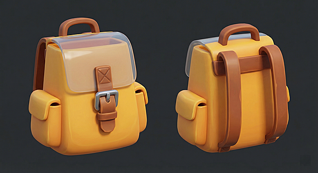 生成一个卡通背包图标，采用supercell风格，简洁3D渲染：主色为暖黄色，搭配棕色皮带与银色金属扣，结构清晰（翻盖、提手、侧袋），整体体积感适中、边缘干净利落，适合用作游戏UI图标