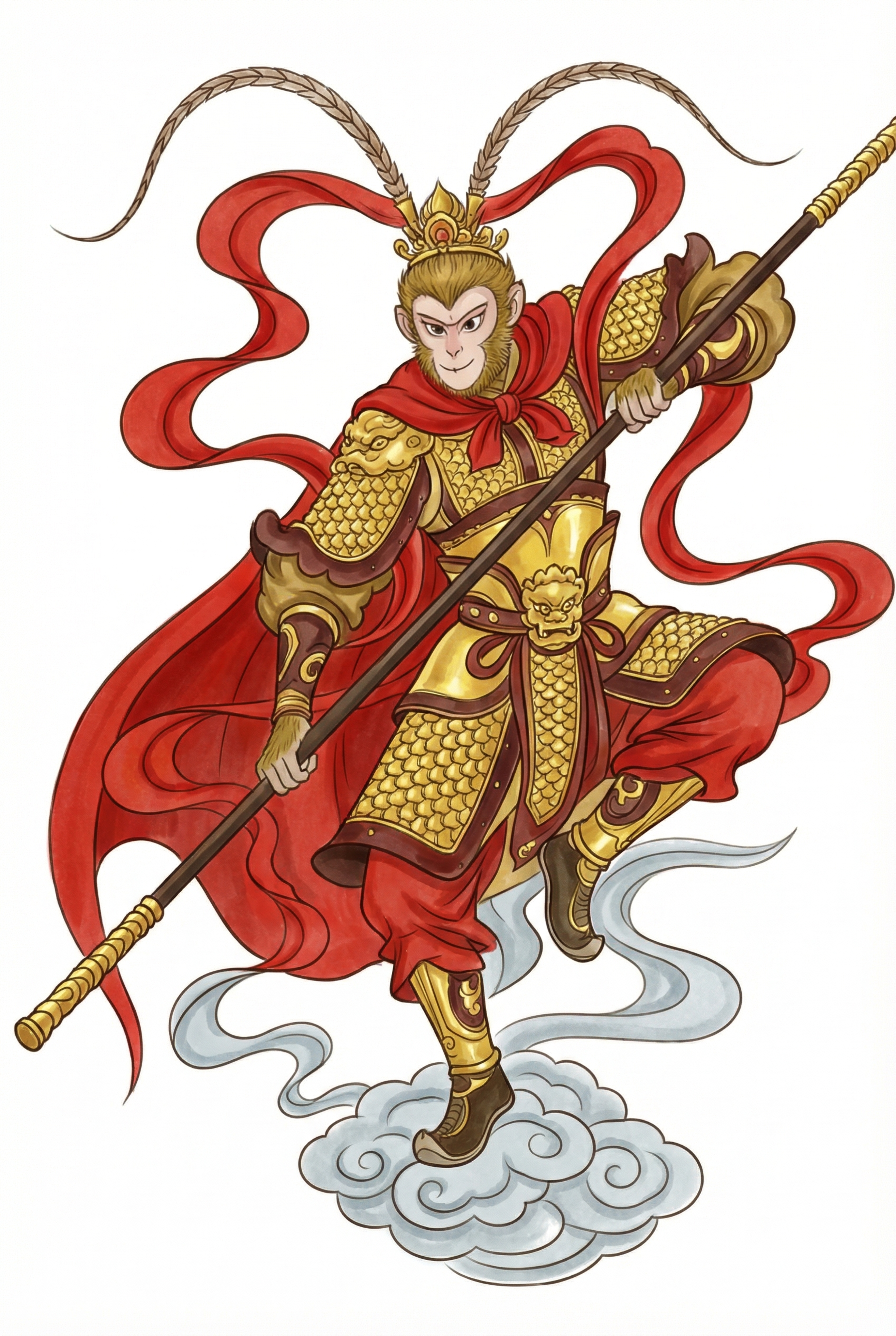 将齐天大圣孙悟空线稿渲染为国风彩色：毛发为棕黄色，面部皮肤浅肉… - 图片创意预览