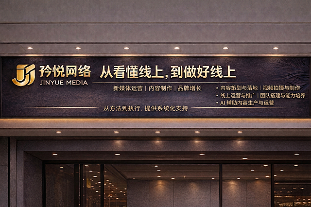 保留图片整体黑金风格和公司招牌样式，修正画面中的所有文字错误，将文字排版规整：修正文字为“矜悦网络 JINYUE MEDIA
从看懂线上，到做好线上
新媒体运营 | 内容制作 | 品牌增长
从方法到执行，提供系统化支持
·内容策划与落地 | 视频拍摄与制作
·线上运营与推广 | 团队搭建与能力培养
·AI 辅助内容生产与运营”，保持金色文字和深色背景质感，整体构图不变