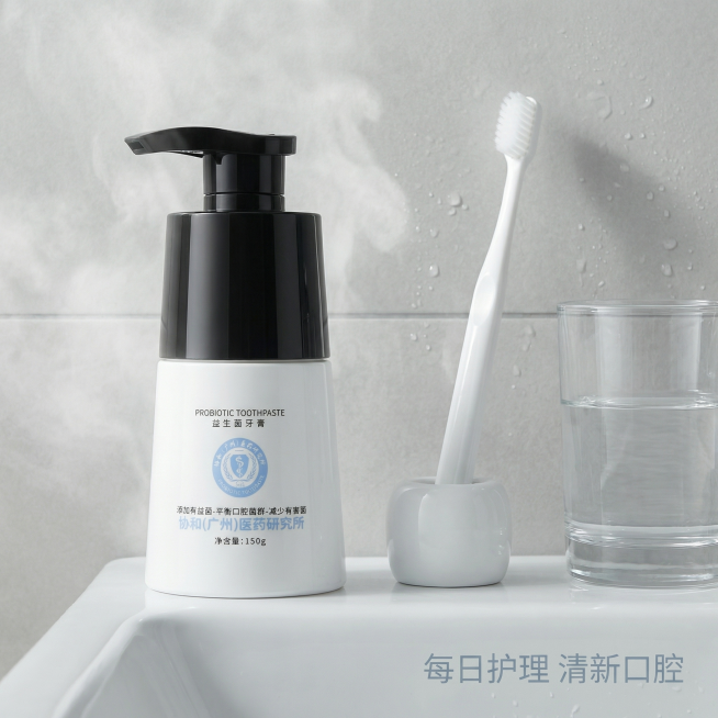 [主图 4] 益生菌牙膏浴室使用场景
[氛围/风格] 生活化场景，清新舒适，真实自然
[画面元素] 商业摄影质感，光线柔和通透，产品清晰真实，画面干净高级。益生菌牙膏放置在浴室洗手台的陶瓷台面上，旁边预览效果