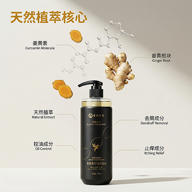[主图 2] 姜黄素核心成分解析主图
[氛围风格] 纯净科研质感，天然植萃风格，柔和自然光影
[画面元素] 商业摄影质感，光线柔和通透，产品清晰真实，画面干净高级。洗发水产品置于底部，四周悬浮真实姜黄根块和透明3D姜黄素分子结构，用纤细浅色引线对应标注各成分，展示天然植萃核心成分；背景为干净浅米白渐变，简洁干净不抢产品主体；去除所有AI生成文字标识
[配色色系] 主色调：米白浅灰；辅助色：姜黄（成分）、黑金（产品）
[视角构图] 中心对称构图，俯视浅景深，突出成分环绕产品的展示效果
[文字版式] 顶部标题左对齐保留安全边距，主标题 “天然植萃核心” 姜黄色粗体；四周成分标注采用细线+小号深灰字，不遮挡主体。文字排版清晰，对比度足够
[比例分辨率] 1:1 比例，4K分辨率，超高清，文字清晰可辨，输出JPG格式
[负向提示词]变形，水印，文字错乱，产品图模糊，背景杂乱，AI文字标识，多余文字