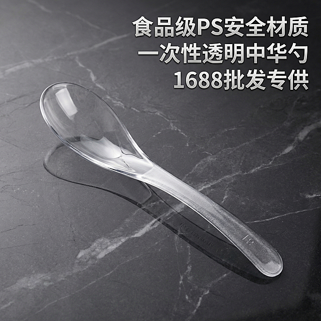 完全重绘，全新简约商务背景，适合1688批发平台，展示单只食品级一次性透明中华勺，突出食品级PS安全材质卖点，整体清晰高级，1:1构图，不要复用原图任何像素，勺子主体保留形状，风格统一清晰