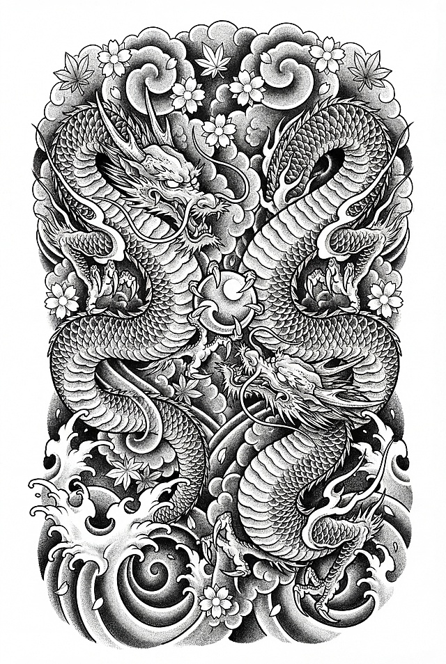 将单龙修改为双龙戏珠，保留原竖向构图、樱花浪花和云纹背景，整体保持日式老传统纹身风格，维持白色干净背景，保留原有线条细节，两条龙围绕珠子互动，构图协调统一，风格一致