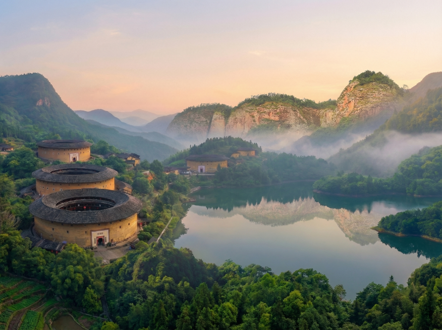 将图片尺寸调整为4:3比例，保持画面主体（土楼、湖泊、丹霞山）居中完整，背景自然延伸，无裁切失真，画质清晰预览效果