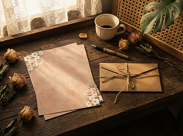 超写实产品静物摄影，8K 超高清，极致细节，锐利焦点，无噪点，无过度柔化，1:1 真实质感，高俯视角度拍摄，主体为复古信封信纸套装，信封信纸样式与参考图完全一致：米白色做旧牛皮纸，淡粉色玫瑰印花，麻绳十字捆绑，信封宽度与信纸一致，比例精准正确。场景：复古欧式书房窗台，深棕色复古实木桌面，右侧牛皮信封自然叠放在左侧两张自然叠放的信纸上，搭配点缀：复古干玫瑰花、米白色陶瓷咖啡杯、复古钢笔、龟背竹叶片、藤编背景板。光线：柔和侧逆光，暖金色自然光，透过蕾丝窗帘形成自然斑驳光斑，光影层次丰富，阴影过渡自然。构图：浅景深特写，焦点精准落在信封信纸主体，背景元素柔和虚化，突出产品。风格：暖调复古胶片色彩，莫兰迪低饱和色系，画面干净通透，产品纹理清晰可见，无模糊，无变形，无噪点。画幅比例：4:3