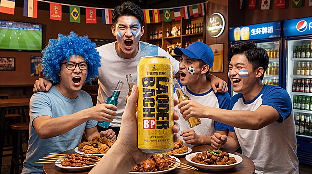 商业广告摄影，啤酒产品海报，前景第一人称视角手持黄色劳德巴赫精酿啤酒，瓶身布满冷凝水珠与冰雾烟雾效果，画面中心突出产品，保持产品包装和文字原样不变。4位年轻男性好友围坐酒吧餐桌，人物形态各异、动作表情极具感染力： 左侧戴蓝色爆炸头假发、黑框眼镜的男生：举着蓝色啤酒瓶，嘴巴大张呐喊，激动亢奋； 中间高个男生：搭着朋友肩膀，仰头嘶吼欢呼，脸上画蓝白加油彩绘； 右侧戴蓝色棒球帽的男生：侧脸兴奋呐喊，脸上