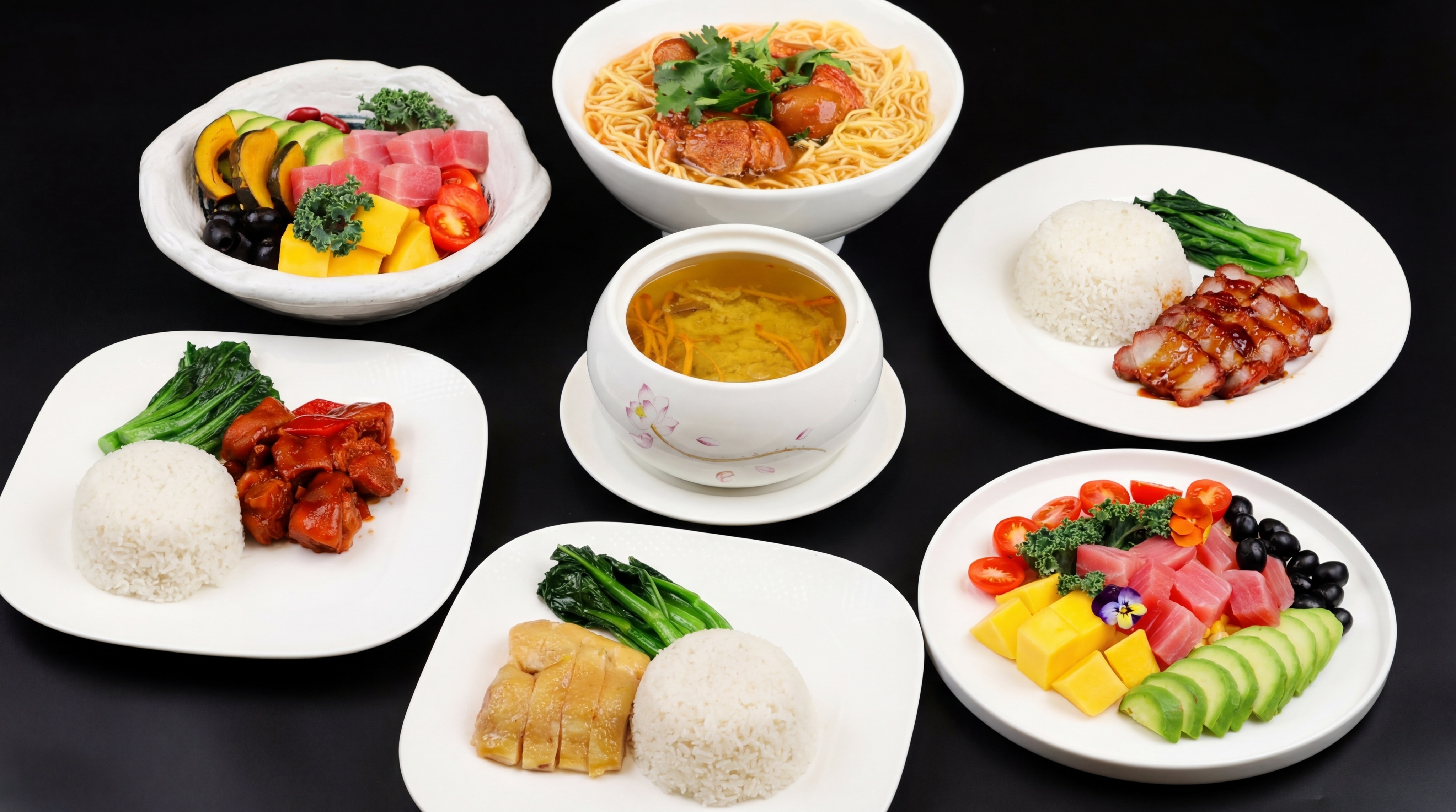 将这些美食菜品组合在一张图片中，包含卤肉面、猪脚饭、叉烧饭、虫… - 图片创意预览
