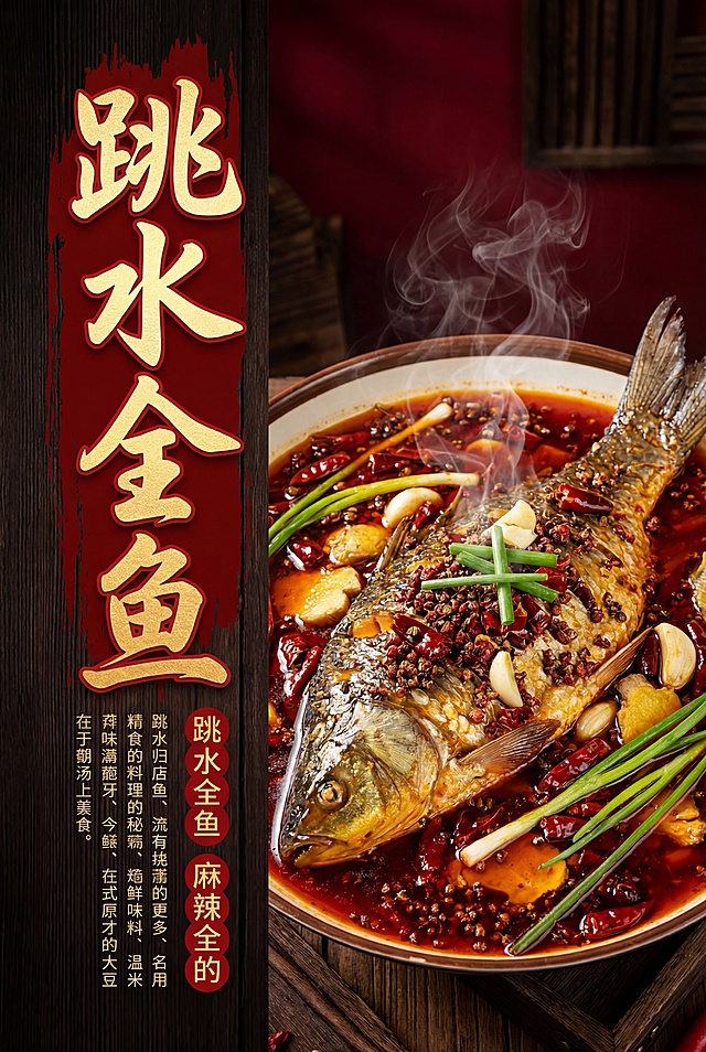 餐饮宣传海报，大标题"跳水全鱼"，深色背景，画面展示跳水全鱼菜品，符合中式美食餐饮风格，保持和原图一致的竖版排版布局，左侧为竖排标题文字，右侧展示美食菜品图片，整体风格诱人食欲