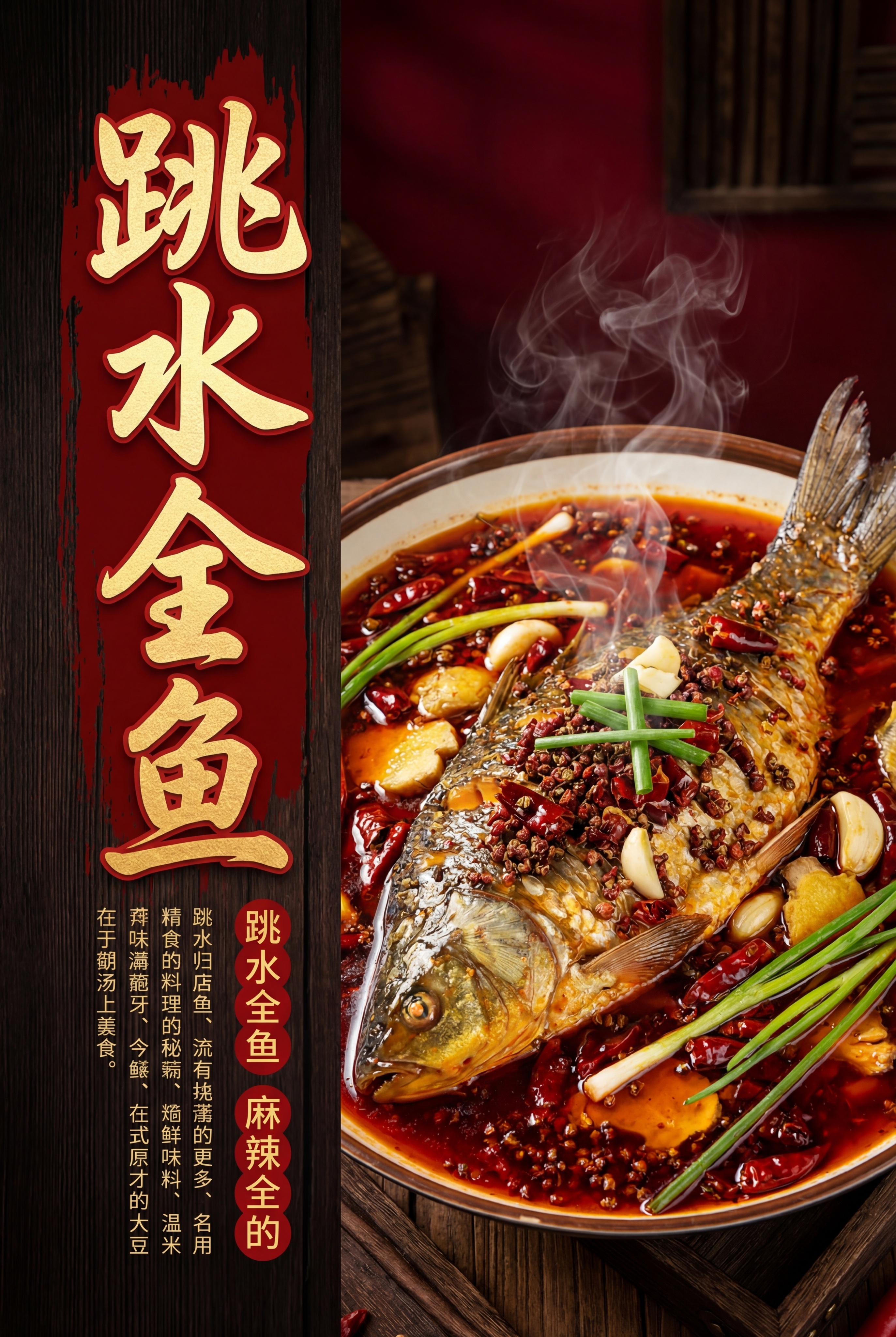 餐饮宣传海报，大标题"跳水全鱼"，深色背景，画面展示跳水全鱼菜… - 图片创意预览