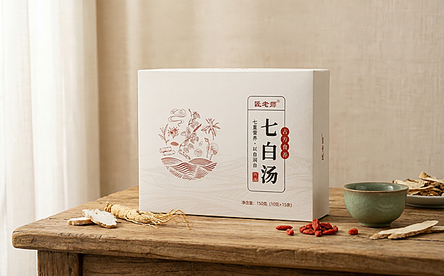 保持产品七白汤包装盒的物理结构、文字和图案绝对不变，仅替换背景生成新场景。
包装盒放置在做旧原木桌面上，背景是浅米色棉麻墙面，拉开景深，营造中式养生氛围。
柔和漫射窗光从左侧打入，整体低对比度暖调，阴影极淡，画面明亮干净。
点缀几株晒干的中药材和一个迷你青瓷茶杯，增添中式古朴生机感。
商业高端养生产品摄影，4K分辨率，极高材质细节，保持产品原样不变形。严格锁定宽高比为 16:10。