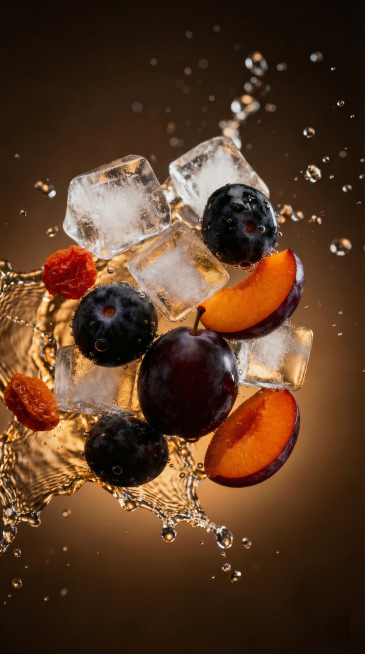 基于原图去除玻璃杯，仅保留琥珀色酒液、悬浮透明冰块、饱满黑加仑、李子与橙红色果干，以及飞溅的水花与细密气泡；背景为暖棕渐变，保持电影级侧逆光、高对比度暗调、通透质感与极浅景深；构图大气，适配1080×预览效果