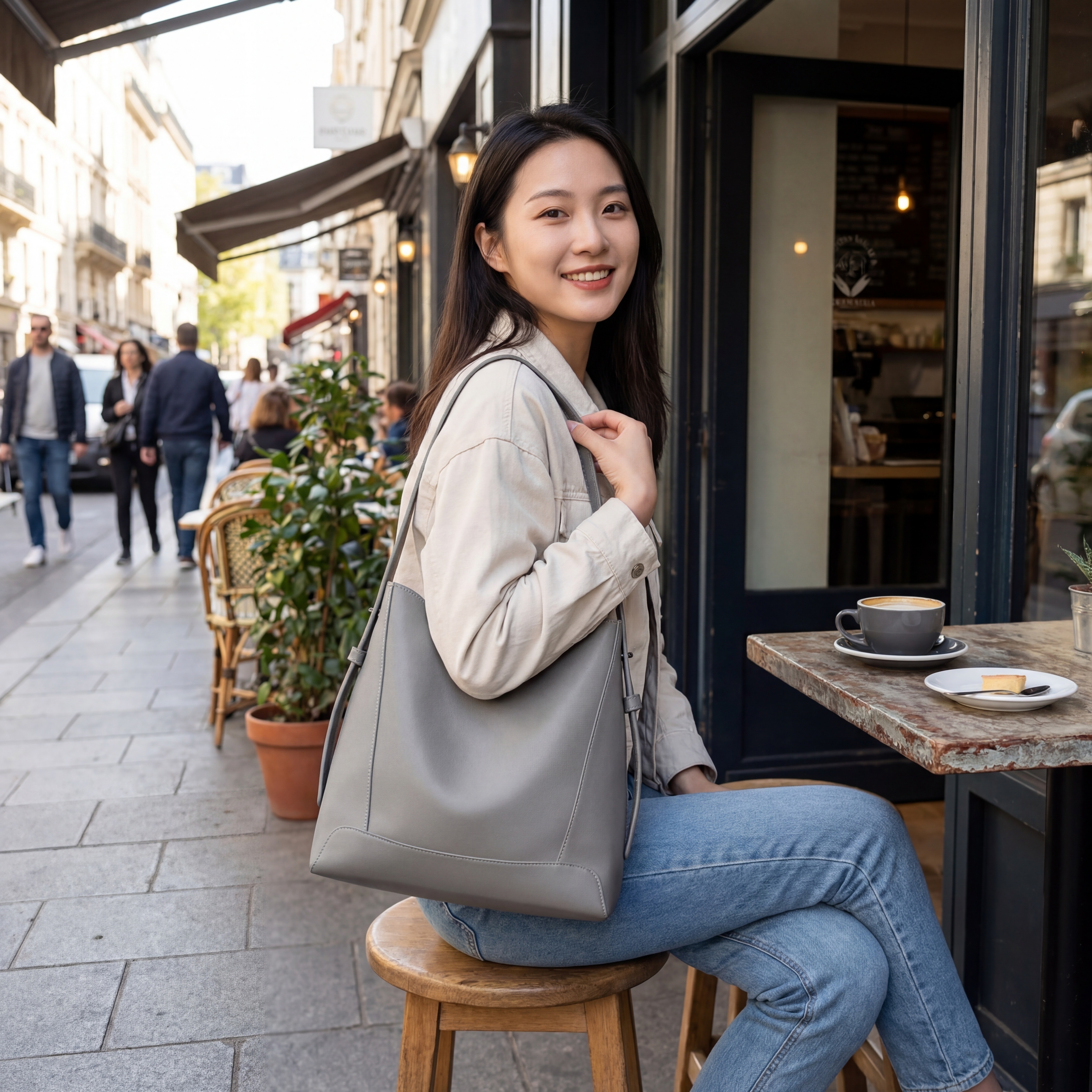 保留图中的灰色单肩包，生成一位中国美女单肩背着这个包，在咖啡馆… - 图片创意预览