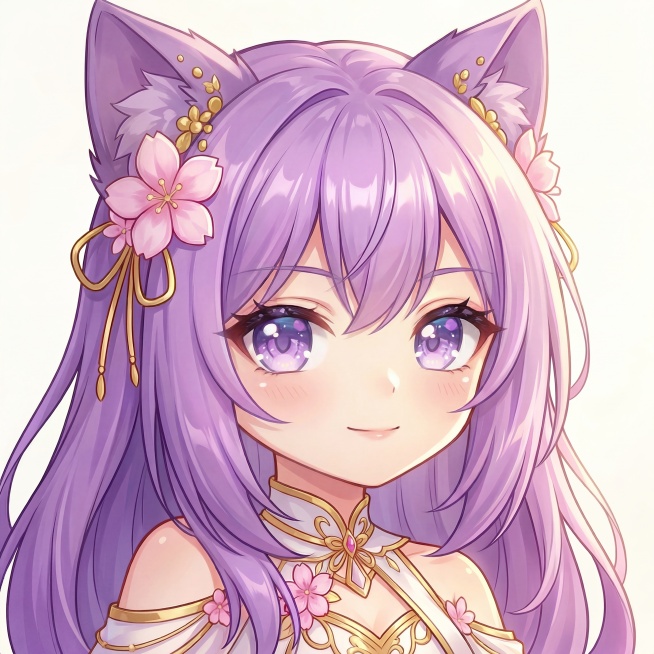 修改头像：耳朵颜色改为与头发相同的紫色，表情调整为更成熟稳重的风格，保持大眼睛有水光效果，背景明快简单，整体保持高清高级感预览效果