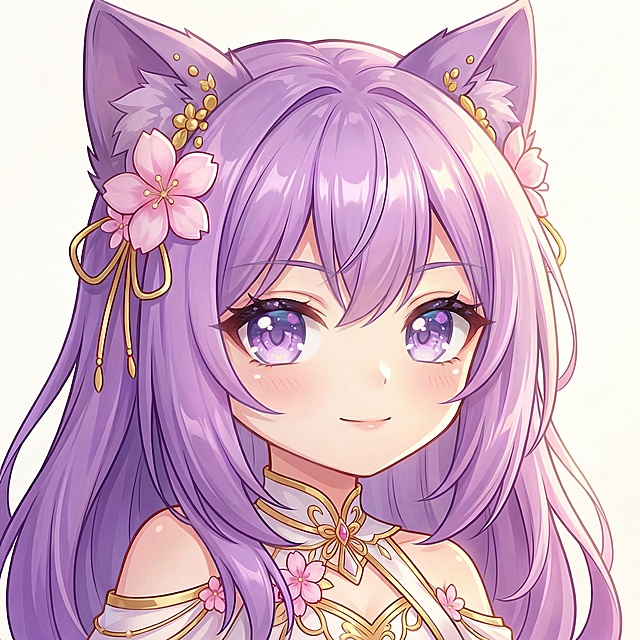 修改头像：耳朵颜色改为与头发相同的紫色，表情调整为更成熟稳重的风格，保持大眼睛有水光效果，背景明快简单，整体保持高清高级感