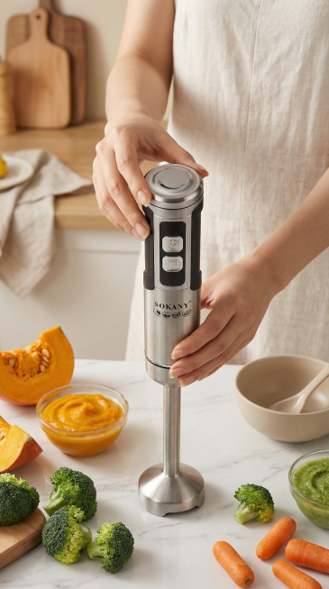 专业商业静物摄影，不锈钢料理棒主机，特写顶部旋钮，一只手正在旋转调节档位，另一只手扶住料理棒，操作动作自然真实，清晰展示无极调速功能，产品结构完整、细节清晰，放置在白色大理石台面上，背景虚化，搭配新鲜预览效果