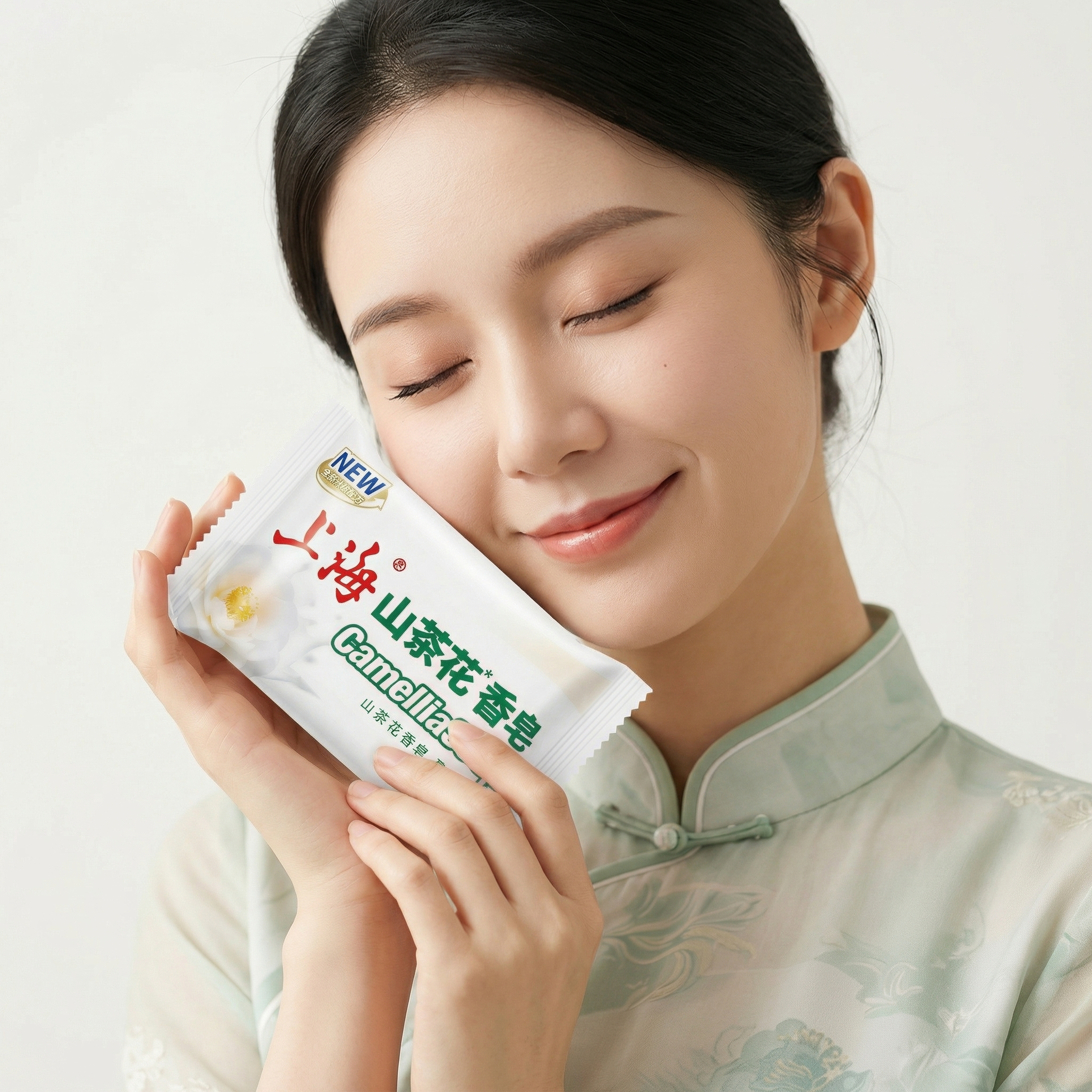 穿浅青色旗袍的东方女性模特，捧着上海山茶花香皂，脸贴在香皂包装… - 图片创意预览