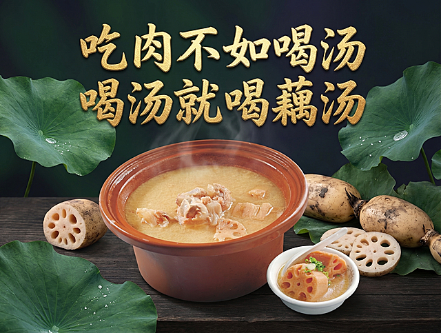 设计一张藕汤美食海报，画面主体是砂锅中的排骨藕汤，搭配盛有藕块的小碗，背景添加新鲜荷叶元素，搭配新鲜的莲藕素材，整体风格高级，背景为偏深的高级色调，添加大标题文字"吃肉不如喝汤  喝汤就喝藕汤"，标题文字要有设计感，质感高级诱人