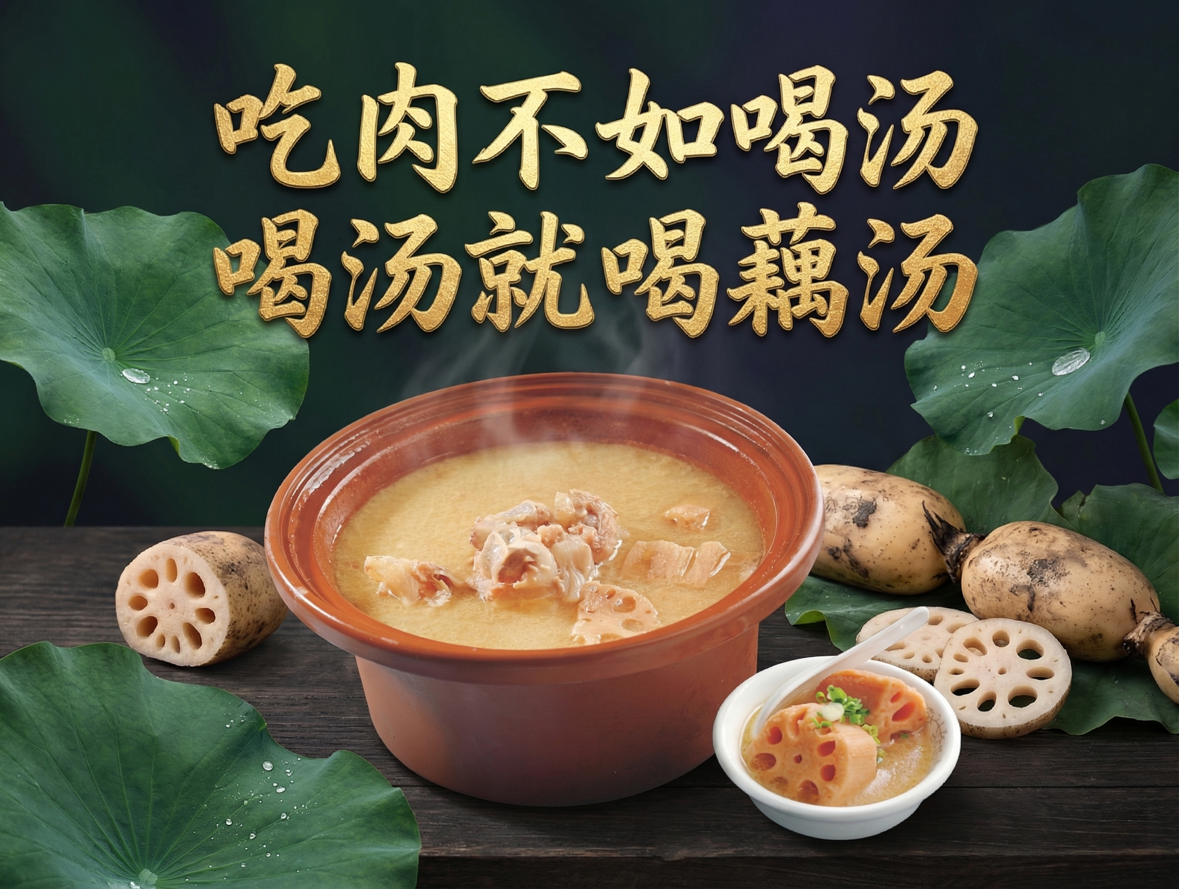 设计一张藕汤美食海报，画面主体是砂锅中的排骨藕汤，搭配盛有藕块… - 图片创意预览