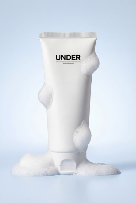 保持原图洗面奶产品本身外观、文字、结构完全不变，仅更换背景。产品保持自然倾斜角度，背景为淡淡的蓝白渐变，仅添加少量绵密泡沫点缀在产品周围，泡沫不覆盖瓶身和品牌文字。整体画面干净清透，柔和浅淡的色调，电预览效果