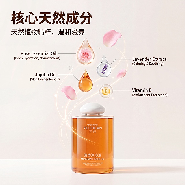 [主图 2] 清香沐浴油核心成分卖点展示，氛围风格：纯净科技感，干净通透调。画面元素：商业摄影质感、光线柔和通透、产品清晰真实、画面干净高级。主体沐浴油产品放置在画面下方中心，上方悬浮天然植物精油水滴和玫瑰花瓣，用纤细引线标注对应功效，直观展示天然成分优势，背景为浅米色渐变简洁干净，突出成分可视化效果。配色色系：主色调浅米白，辅助色琥珀橙、柔粉色，整体干净高级。视角构图：中心构图，景深适中。文字版式：顶部左对齐，主标题 "核心天然成分" 深棕色粗体，每个成分标注用浅灰色细线连接对应元素，文字小而清晰，不遮挡主体。比例分辨率：1:1 比例，4K 分辨率，文字清晰可辨，超高清，输出JPG格式，去除所有AI生成文字标识。负向提示词：变形，水印，文字错乱，产品模糊，背景杂乱，AI文字标识