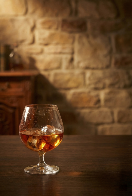 去除背景中的橡木桶，仅保留一杯精致白兰地：杯中为琥珀色酒液与冰块，置于木质桌面；背景改为复古欧式风格的石墙或木质纹理墙面，整体保持暗金色调、电影级光影、大气构图; 适合作为海报或壁纸，超清写实画质预览效果