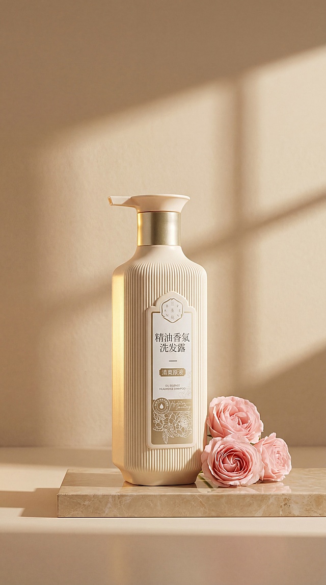 米白色竖纹按压泵头精油香氛洗发露瓶身，金色泵头，瓶身标签文字清晰。保持产品物理结构绝对不变，严禁扭曲拉伸改变形态透视。
室内奶油暖调桌面场景，暖米色低饱和度暖色调，搭配粉荔枝玫瑰替换参考图的粉色玫瑰，同风格简约大理石展示台摆放产品。
柔和侧逆光，【产品受光面泛起暖阳色，暗部及边缘映射暖米棕色的环境光晕。绝对禁止纯白高光，彻底物理融合】。
居中偏下位置摆放，保留画面上方留白，符合小红书竖版构图。
微侧视角，背景墙面重构为暖米色哑光肌理，光影结构参考参考图的窗格投影，消除品牌文字外的多余信息。
严格锁定宽高比为 9:16。4K分辨率，商业摄影，极致干净明亮，细节清晰。