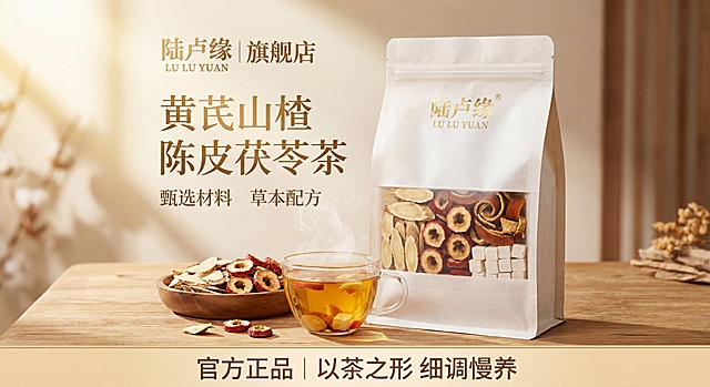 参考这两张包装设计，生成一张新的黄芪山楂陈皮茯苓茶产品包装主图，整体风格保持自然养生风，暖色调为主，突出真材实料，设计吸引人让人有购买欲，保留品牌名"陆卢缘"，包装上清晰显示产品名称"黄芪山楂陈皮茯苓茶"，标注"甄选材料"、"草本配方"卖点，展示食材原料，整体简约高级